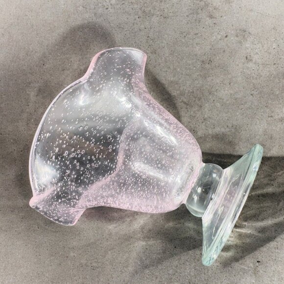 Art Glass Clear Footed Bowl Compote Pink Top With Small Bubbles Glass Decor - Picture 3 of 12